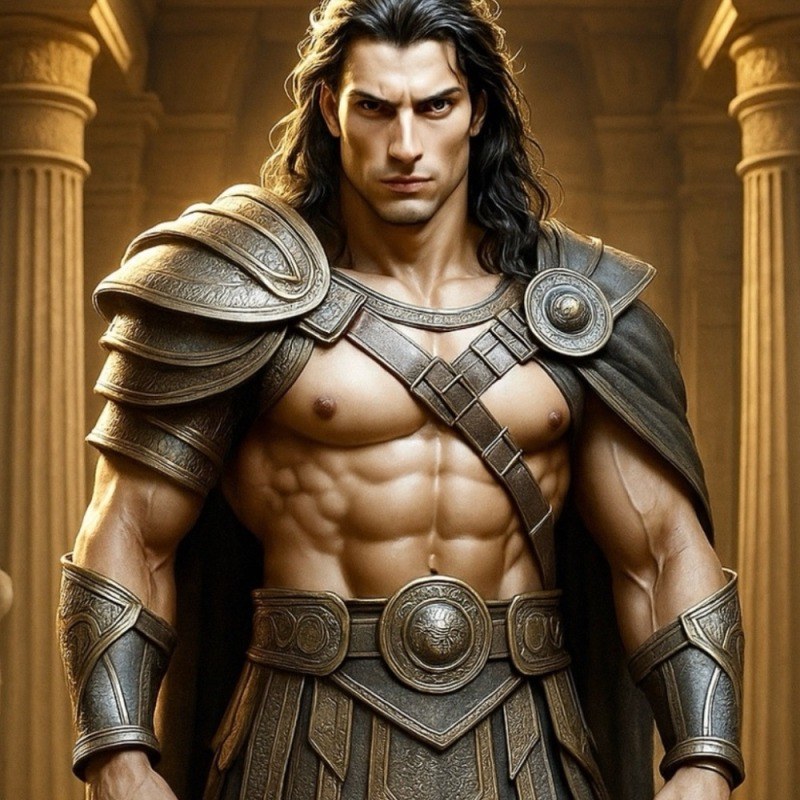 Sartmulu depicted as a tall, muscular armored figure with long dark hair, as described in tradition